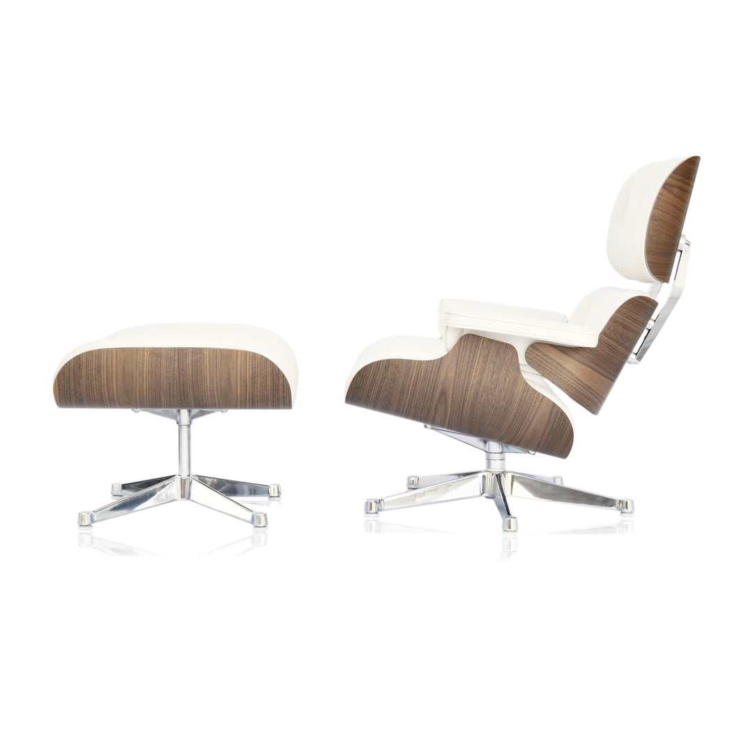 Vitra Eames Lounge Chair & Ottoman, poliert, Nussbaum weiss pigmentiert, Leder Premium F Snow (Klassische Maße)
